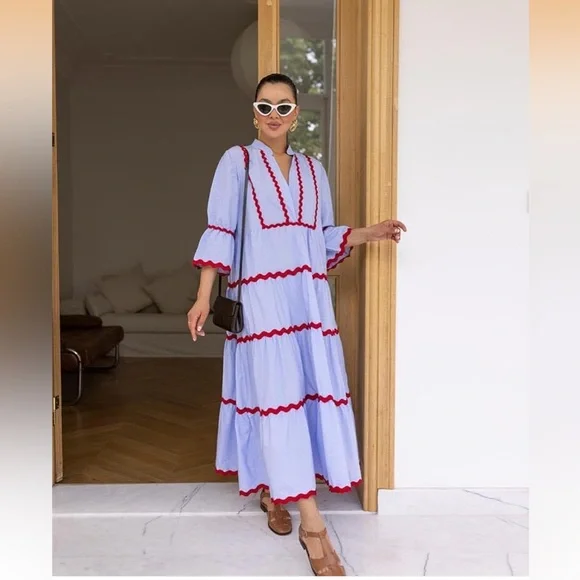 utcoco Summer Beach Boho Striped Flutter 3/4 Sleeve A Line Flowy Long Dress. - Picture 2 of 15
